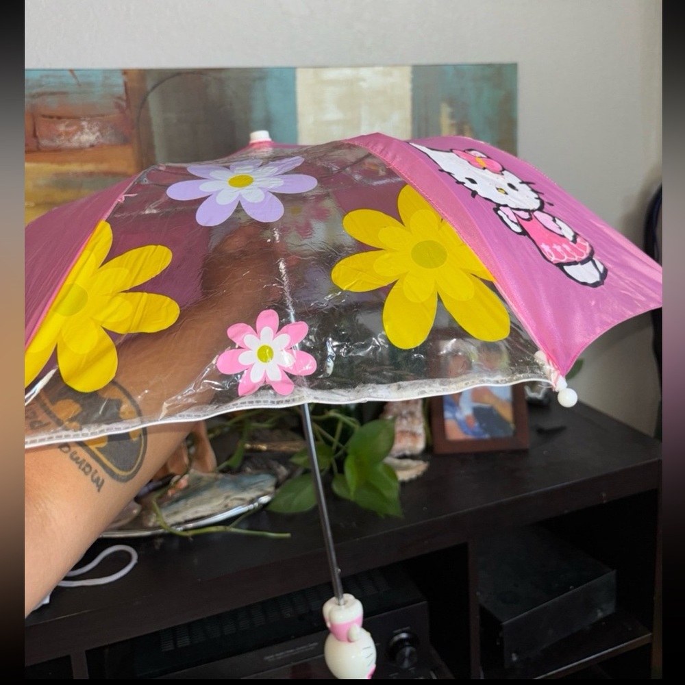 Vintage Pink and Clear Hello Kitty Umbrella with Floral Design